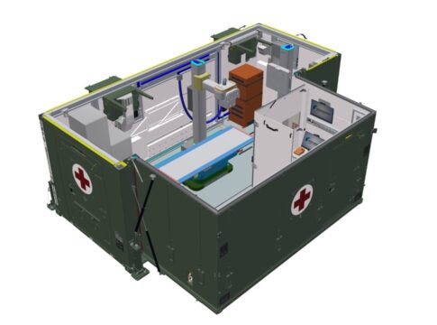 Eine Grafik des Röntgen-Containers, aufgebaut wie eine Röntgenstation im Krankenhaus.
