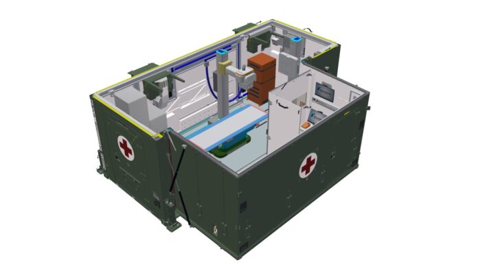 Eine Grafik des Röntgen-Containers, aufgebaut wie eine Röntgenstation im Krankenhaus.
