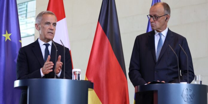 Gemeinsame Pressekonferenz von Bundeskanzler Friedrich Merz und Kanadas Premierminister Mark Carney nach der Unterzeichnung des Abkommens.