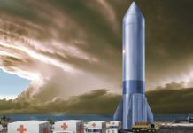 Konzeptzeichnung für Rocket Cargo: eine wiederverwendbare Rakete entlädt Hilfsgüter an einem Strand.
