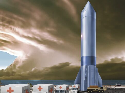 Rocket Cargo: USA untersuchen suborbitale Verlegefähigkeit 23 Konzeptzeichnung für Rocket Cargo: eine wiederverwendbare Rakete entlädt Hilfsgüter an einem Strand.