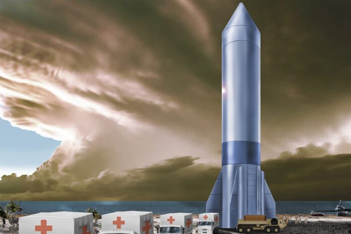 Konzeptzeichnung für Rocket Cargo: eine wiederverwendbare Rakete entlädt Hilfsgüter an einem Strand.