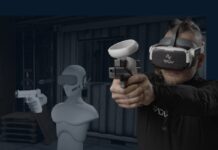 Das System von Eyeviation im Überblick und VR-Brille und dem Sensor auf der Handfeuerwaffe.